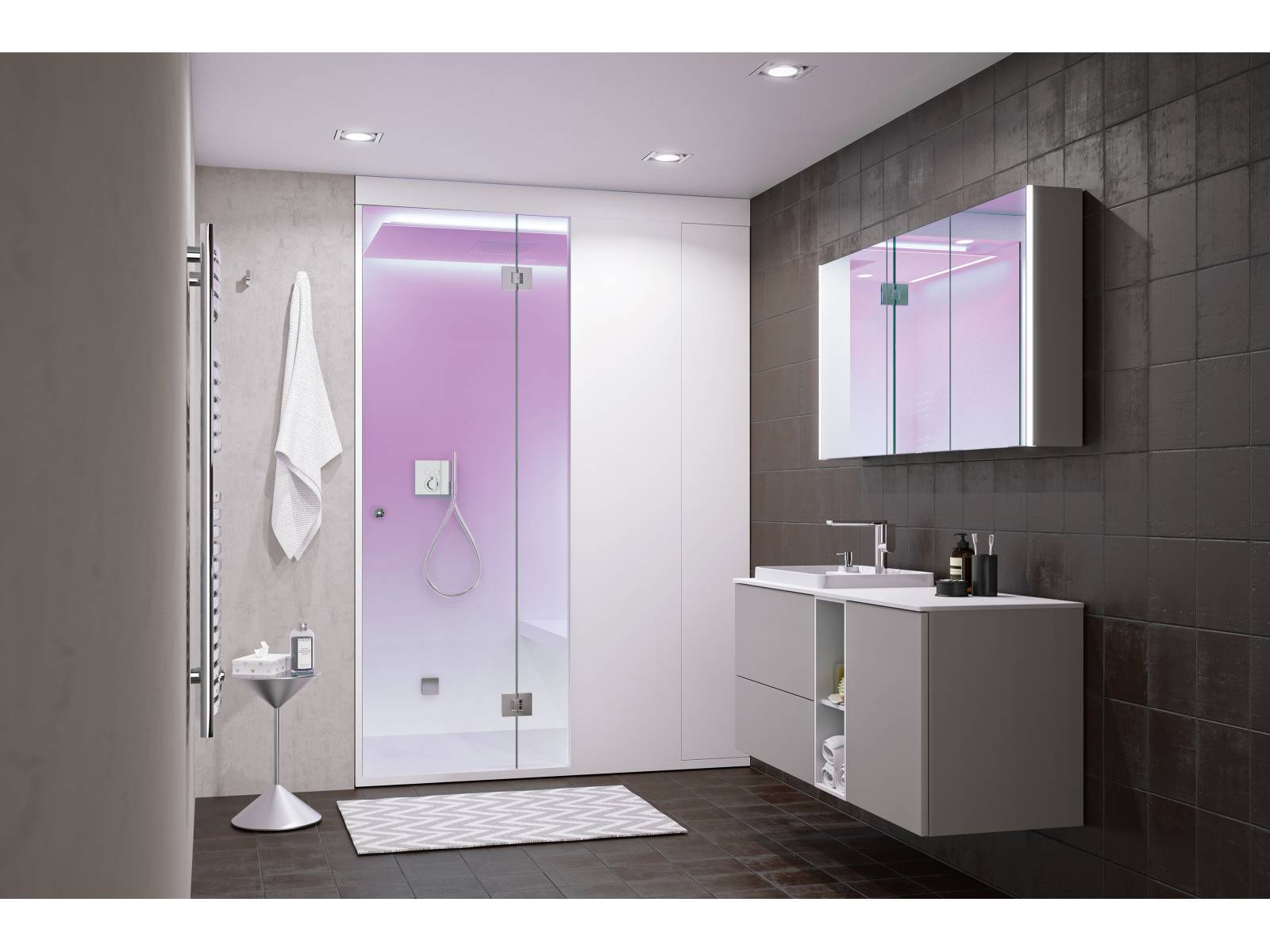 Kaum grösser als eine herkömmliche Dusche kombiniert «Steam Fit» Dusche mit Dampfdusche und sorgt für maximale Entspannung auch auf kleinstem Raum. Die freischwebende Sitzbank mit LED-Beleuchtung ist zugleich Ausdruck reduzierten Designs als auch hochwertiger Materialisierung. Küng Sauna.