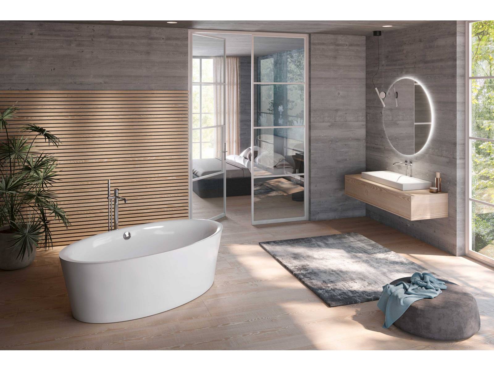 Die weich fliessende Form weisen alle drei Modelle der Badewannen-Kollektion «Ella» auf. Sie schmiegen sich sanft an Rücken, Nacken und Kopf und lassen sich auf Wunsch mit Massagedüsen ausstatten. SCHMIDLIN.