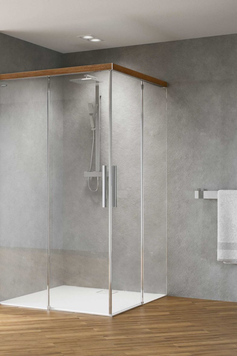 Für ein natürliches, wohnliches Ambiente im Bad sorgen zum Teil schon die kleinsten Details. Zum Beispiel das Echtholz-Dekor von Schiebe- und Pendeltüren der Linie «Viva». Erhältlich in den Ausführungen Eiche, Eiche wild weiss und Nussbaum. DUSCHOLUX.