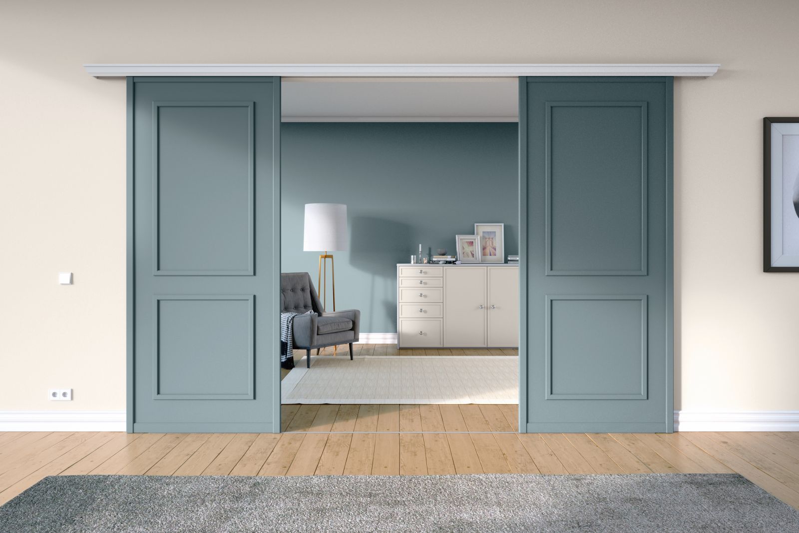 Der Farrow & Ball-Klassiker «Elephant's Breath» ist ein warmes Mittelgrau (No. 229), das sich auf den bekannten englischen Inneneinrichter John Fowler zurückführen lässt. Auf dem Cabinet-Sideboard mit «PINATO»-Drehtüren und –Schubkasten sowie auf den Wänden neben den blauen Schiebetüren sorgt das moderne und zugleich zeitlose Grau für ein beruhigendes und cleanes Ambiente.