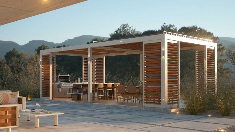 Die Pergola von Tuuci ist mit manuellen Lamellenwänden, einem Hardtop-Dach mit integrierten Dachrinnen sowie einem feuchtigkeitsbeständigen Ventilator ausgestattet. Sie verwandelt jede Terrasse, jeden Poolbereich und jede Aussenanlage in offene Wohnräume.
