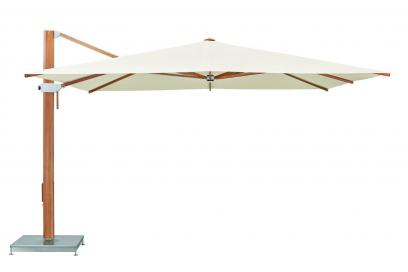 Der Freiarm-Sonnenschirm «Aura» eignet sich mit seinen Massen von 3,5 x 3,5 oder 4 x 4 Meter ideal für grössere Aussenflächen. Dank des seitlich platzierten Masts aus lackiertem Eukalyptusholz lässt sich der Platz unter dem Schirmdach optimal ausnutzen. Zudem kann der Schirm um 360 Grad gedreht werden. Glatz.
