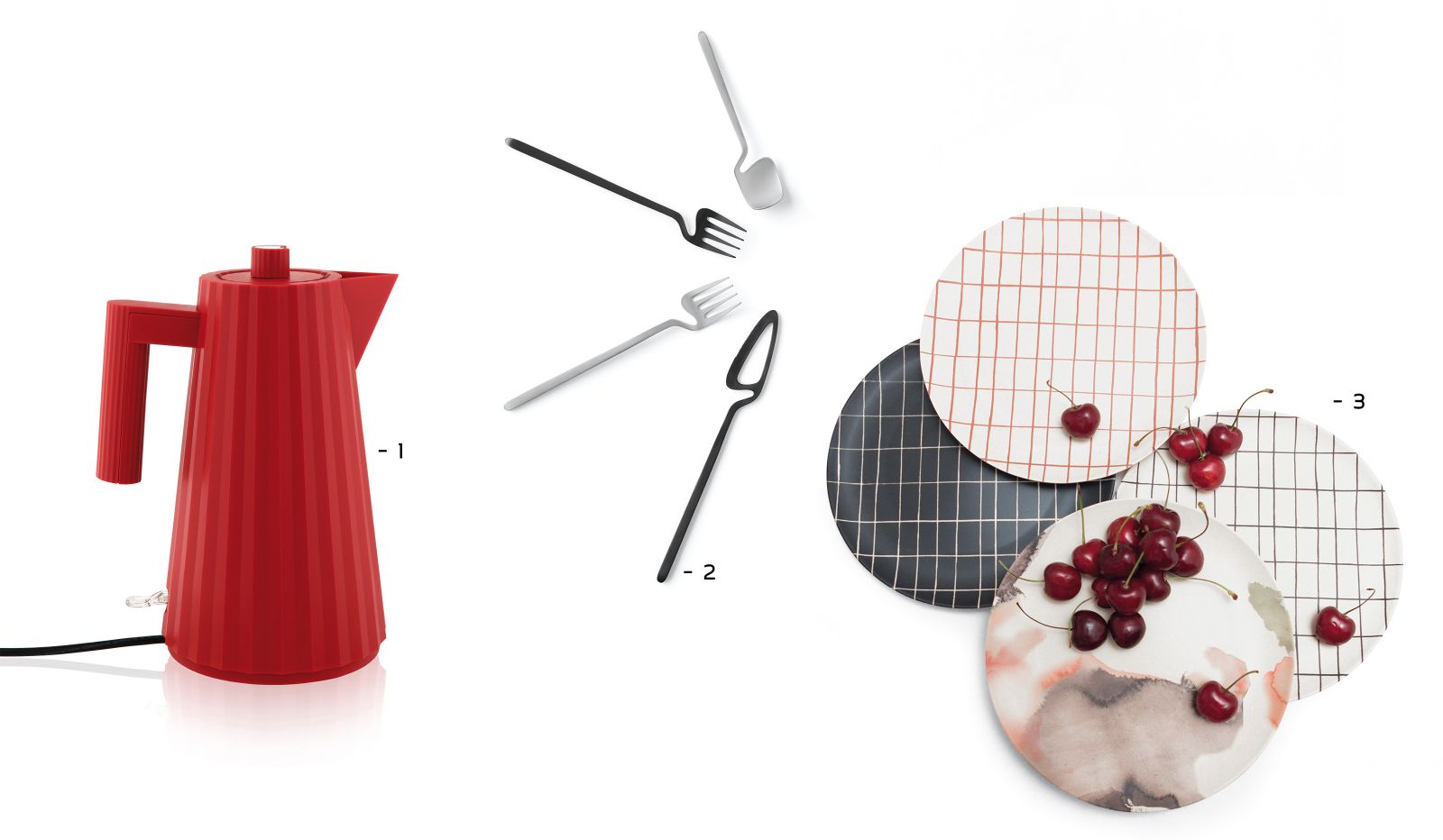 1_Wer sich jetzt an einen Plissérock erinnert fühlt, liegt richtig. Denn die alte Technik des Plissierens hat Designer Michele De Lucchi zu dem gleichnamigen Wasserkocher inspiriert. Alessi.  2_Das Designstudio Nendo feiert den Minimalismus und verwendet für Besteck «Skelton» nur soviel Material, wie unbedingt nötig. Das Ergebnis funktioniert und lässt sich perfekt über Tassen- oder Schalenrand hängen. In Silber, Schwarz, Kupfer oder Gold von Valerie Objects.  3_Das Berliner Label legt grossen Wert auf Nachhaltigkeit. Deshalb sind die Party-Teller aus Bambusfasern nicht nur biologisch abbaubar, sondern auch wiederverwendbar. Einfach in die Spülmaschine geben und reinigen lassen. Nuukk.