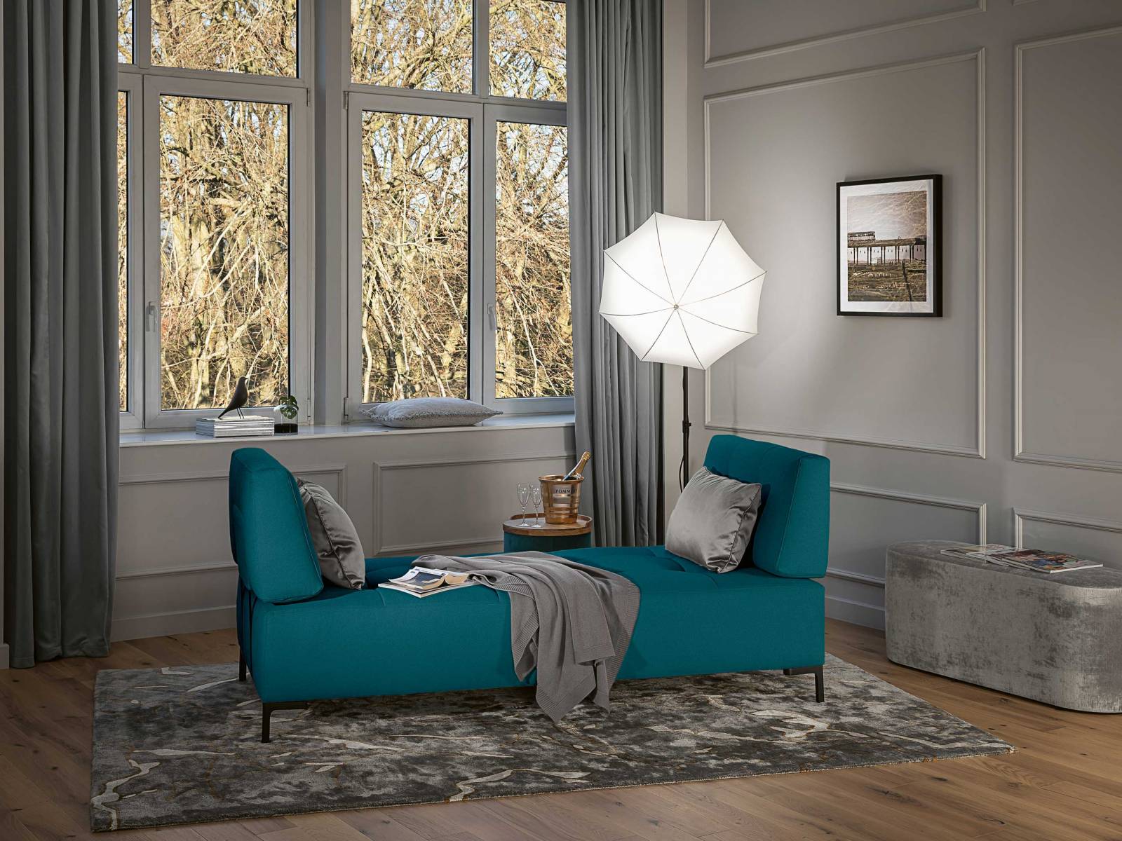 Das neue Daybed «Silence» von Annette Lang zeugt vom handwerklichen Können des Unternehmens. Denn die Liegefläche entspricht dem Matratzenaufbau eines Boxspringbettes. «Silence» besteht aus zwei Teilen, die zu einem Sofa zusammengeschoben werden können. TRECA. Foto: Philipp Brohl | weisslicht.fotografie