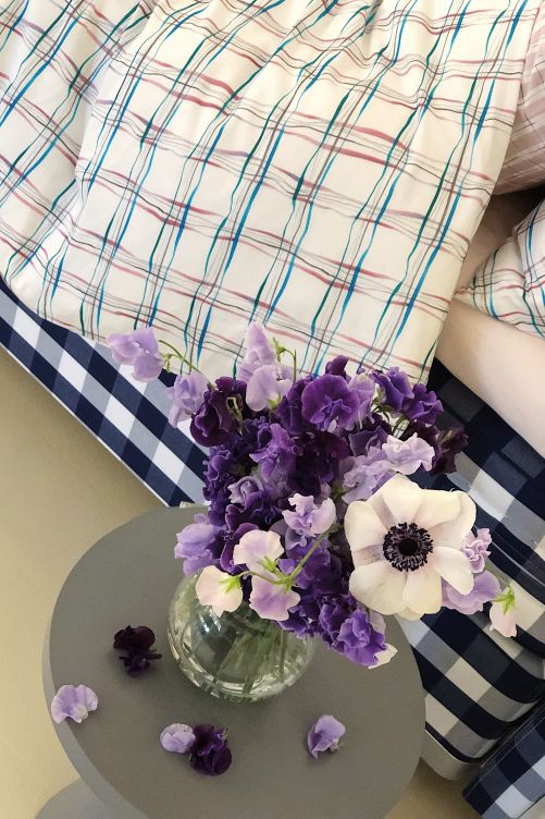 Der Modedesigner Lars Nilsson hat für den schwedischen Luxusbettenhersteller eine Reihe von Bettwäsche und Accessoires entworfen, für deren Design er sich von  der Iris-Blume mit ihren speziellen Farbkombinationen inspirieren liess. Er setzte das Motiv auf moderne und grafische Weise um, so dass es perfekt zum ikonischen «Blue Check» des Unternehmens passt. HÄSTENS.