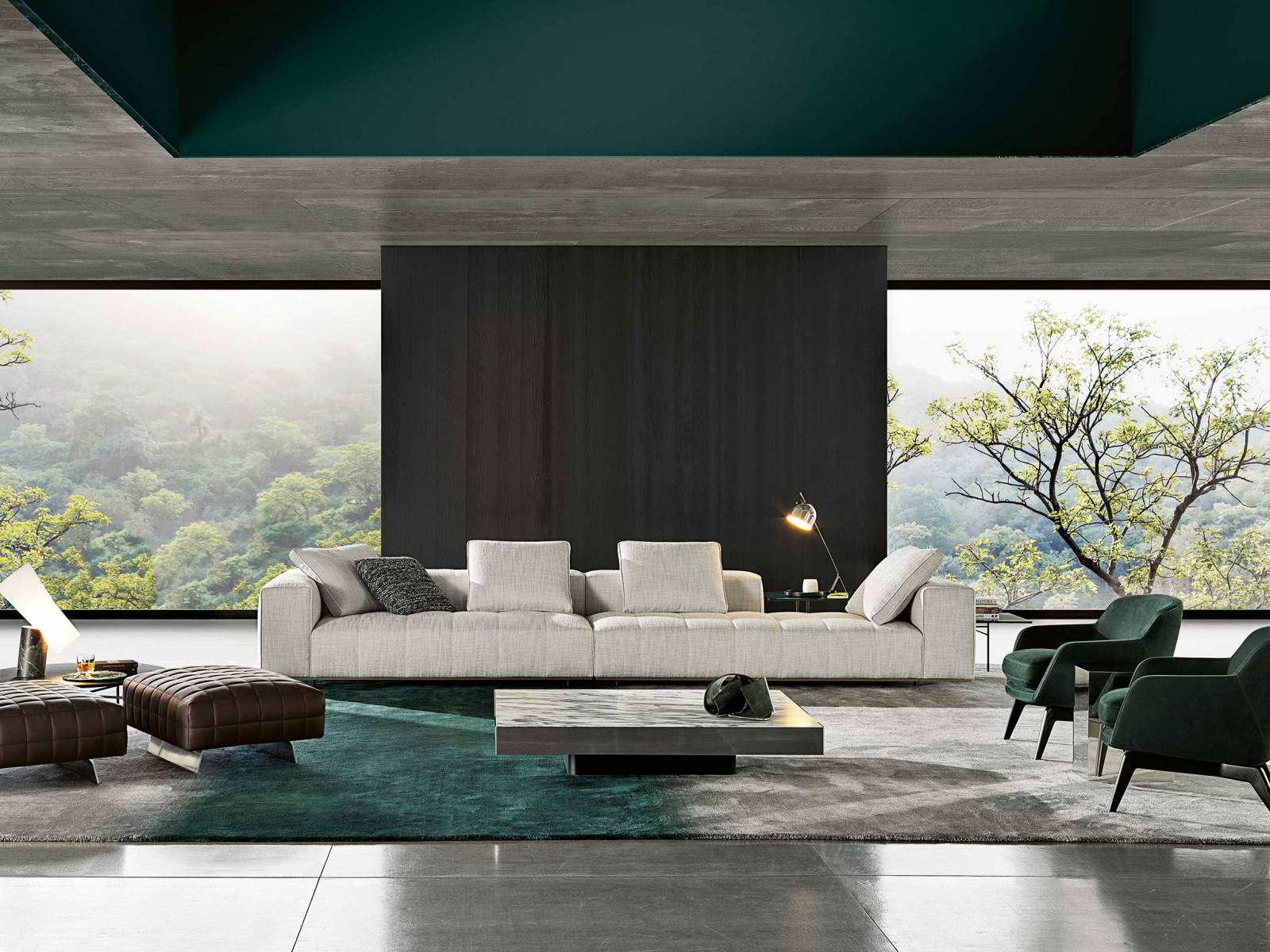 Das modulare Sitzprogramm »Goodman» von Rodolfo Dordoni Design ist vom grafischen Charakter der 1970er-Jahre gezeichnet: Die Matelassé-Naht wirft Schatten und Licht auf die Sitzfläche, wodurch der Eindruck einer gesteppten Querpolsterung entsteht und den Komfort der weichen Polsterung betont. Dank ihres scheinbaren Schwebezustands kommen die blockförmigen, kompakten Sofamodule erstaunlich leicht daher. MINOTTI.